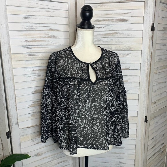 LUCKY BRAND Women’s S Floral Sheer Printed Bell Sleeve Blouse Boho Peasant Boxy - Picture 3 of 11